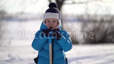 小男孩在冬天<strong>铲雪</strong>