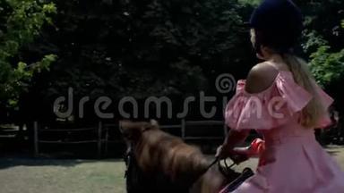 一个十几岁的女孩戴着保护头盔和粉红色的连衣裙，骑着一匹棕色的马在树的背景上。 侧视。 4k. 4k视频