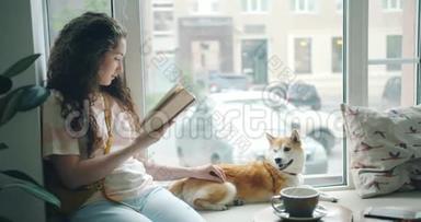 漂亮的女<strong>狗主人</strong>在咖啡馆的窗台上看书和抚摸宠物