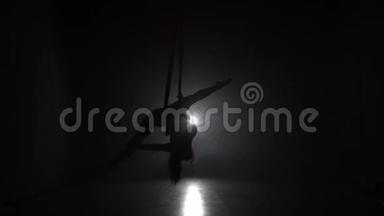 在马戏团舞台上表演红绸的女空中体操运动员。 精彩的杂技表演.. 044