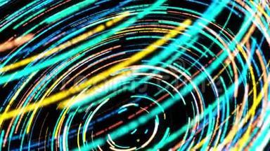 霓虹灯条纹扭曲数字螺旋的三维动画。动画。生动的动画与彩色条纹螺旋与三维