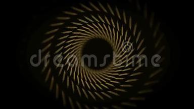 黑色背景下旋转条纹隧道的抽象动画。 动画。 像肉一样尖锐的旋转螺旋