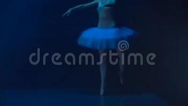 熟练的职业芭蕾舞演员在白色芭蕾舞团表演芭蕾。 慢动作。