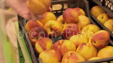 素食孕妇在超市按库存选择油桃。 篮子里美丽而成熟的水果。 手<strong>拿起</strong>来