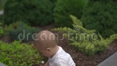 小男孩的儿子在一个有玩具的花园里被砍-家庭价值观温暖的颜色夏天的场景