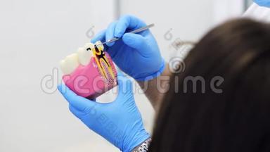 牙模在牙医`手中咨询妇女。