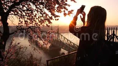 女游客在一部手机上拍照，城市景观和多瑙河上的自由桥，从露台上。