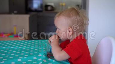 快乐的小男孩坐在桌子旁喝果汁的肖像。 万向节运动