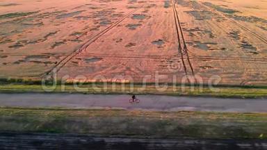 日落时分，一个人骑着自行车沿着黄色的麦田，沿着绿色的田野