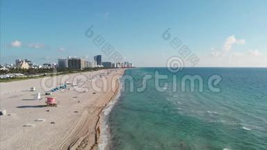迈阿密海滩佛罗里达，无人机视角迈阿密海滩，彩色无人机鸟瞰迈阿密佛罗里达