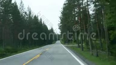 通过挪威常绿松林在<strong>农村公路</strong>道路上行驶的车辆视点。