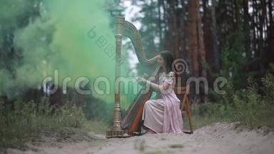 女竖琴演奏家在森林和弹竖琴背景烟雾。