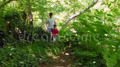 一家人从茂密的森林里走出来。