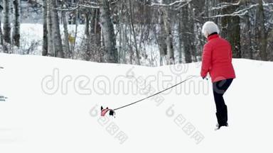 穿着红色夹克衫的女人和狗在<strong>明尼苏达州</strong>冬季风暴后的雪地里行走