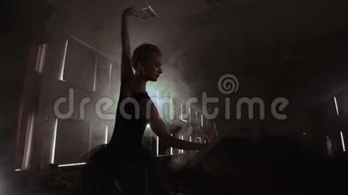 年轻美丽的芭蕾舞演员在烟雾舞台上跳舞的现代芭蕾舞。 用手进行平稳的动作.