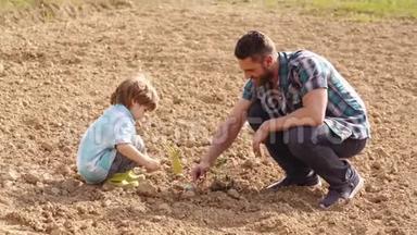 生态农场<strong>工人</strong>-父子概念。 可爱的<strong>父亲</strong>和儿子在春天的田野上和土豆泥一起工作。 生态度假村活动