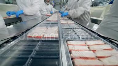 食品厂工人将食品包装成包装。