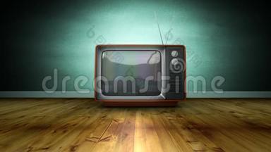 放大复古电视屏幕模糊噪音，与绿色墙壁