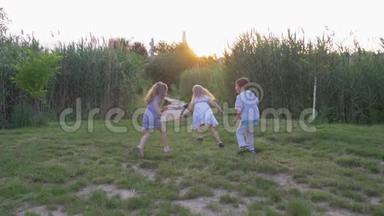 快乐的朋友，快乐活跃的孩子男孩和女孩在阳光下在大自然的绿色草坪上玩耍追赶和奔跑