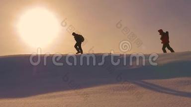 冬天的旅行者去雪岭，在黄色日落的光线下克服困难。 协调良好的团队合作