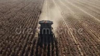 联合收割机收割玉米。玉米收获剪。在野外联合收割机。食品工业概念。