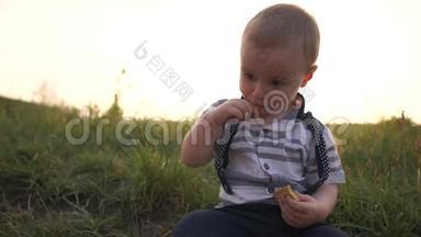 小男孩坐在草地上，在阳光明媚的夏天慢吞吞地吃饼干