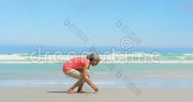 活跃的非洲裔美国妇女在海滩上捡贝壳的侧面景色