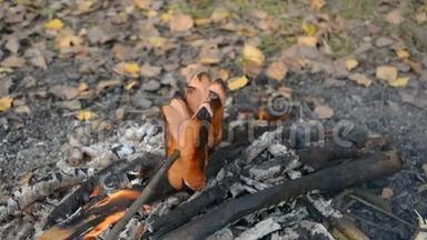 在夏日森林的篝火上烤着美味而<strong>芬芳</strong>的香肠