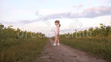 一个小女孩带着向日葵穿过田野。 农业。 带着黄色葵花籽在田野上的宝宝