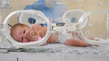 产妇之家概念。 在医生监督下，婴儿在培养箱中早产。 护士<strong>双</strong>手戴蓝手<strong>套</strong>的特写镜头
