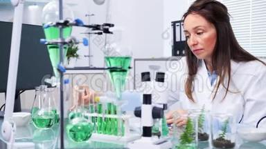 在生物化学<strong>研究中心</strong>，女科学家正在<strong>研究</strong>植物测试样本