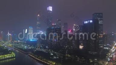 利德大桥和广州市中心的夜晚。 中国。 鸟瞰图
