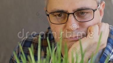 特写一个戴着眼镜的中年男子，靠在他的手上看着嫩绿的小草..