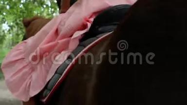 穿着<strong>粉红</strong>色连衣裙的女孩骑着一匹棕色的马在树木和树叶的背景上。 后景。 4k. 4k<strong>视频</strong>