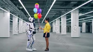 一个女孩把气球送给房间里的<strong>机器人</strong>。