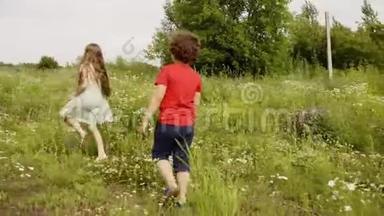 <strong>孩子</strong>们，男孩和女孩，在<strong>暑假</strong>一起在草地上散步。