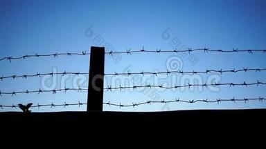 铁丝网监狱的剪影。 带刺的电线。 带着蓝色天空的栅栏上的铁丝网感到担忧。