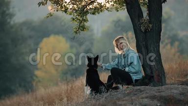 女人和狗在大自然中玩耍，坐在树附近。 和宠物一起享受夏天。