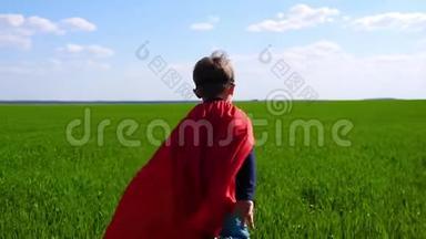 阳光明媚的一天，一个穿着<strong>超人</strong>服装的孩子穿过一片绿色的田野