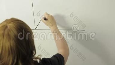 一个女人背着她站着，在白板上画一张图表。