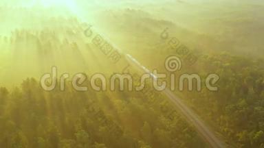 火车在黎明时分穿过森林，阳光`阳光照亮了森林上空的雾气