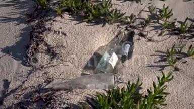 破碎的玻璃瓶躺在海滩上。 生态污染。 危险玻璃碎片
