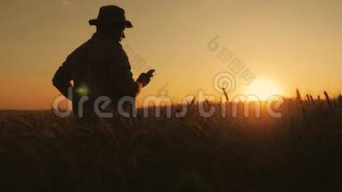 年轻英俊的农民在田间持有智能手机。 农民在农场使用智能手机管理。