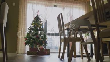 圣诞树上有装饰灯和礼品盒，放在豪华住宅的地板上