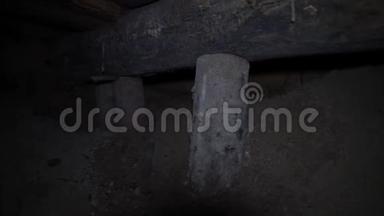 在黑暗的<strong>地下室</strong>里，房子的木制支架，泥土