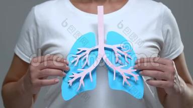 在镜头前显示肺部体征的妇女，结核病预防概念