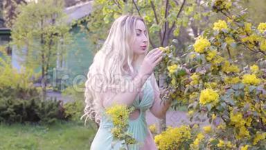 女人嗅着一棵开花的树。