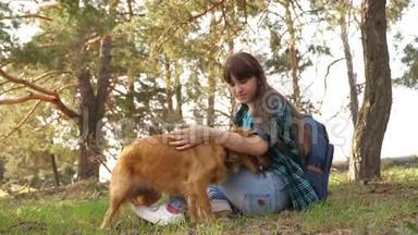 美丽的女孩和宠物一起旅行。 森林里的旅游女孩和一只狗停了下来。 情妇玩猎狗。 情妇