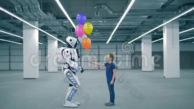 小女孩给机器人气球，侧视。 <strong>学校</strong>孩子，教育，科学课的<strong>理念</strong>..