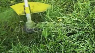 园丁用煤气绳修剪器修剪草坪.